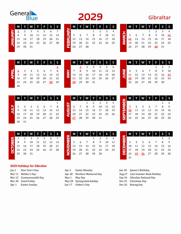 Download Gibraltar 2029 Calendar - Monday Start