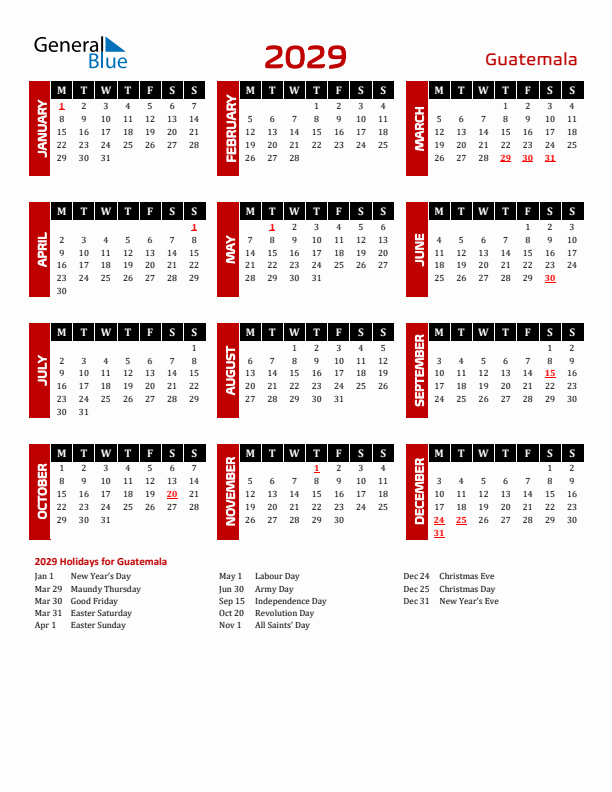 Download Guatemala 2029 Calendar - Monday Start