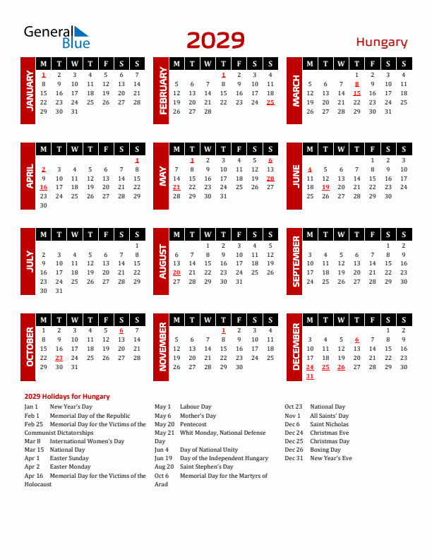 Download Hungary 2029 Calendar - Monday Start