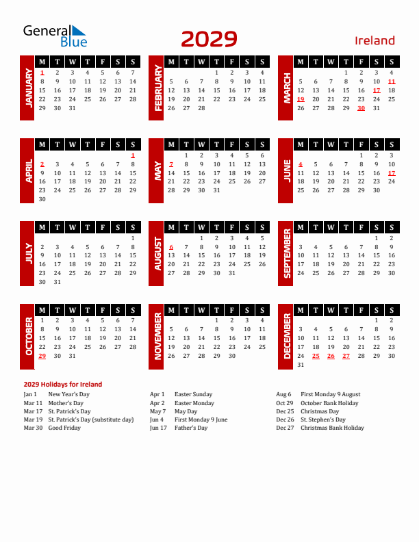 Download Ireland 2029 Calendar - Monday Start