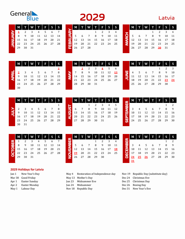 Download Latvia 2029 Calendar - Monday Start