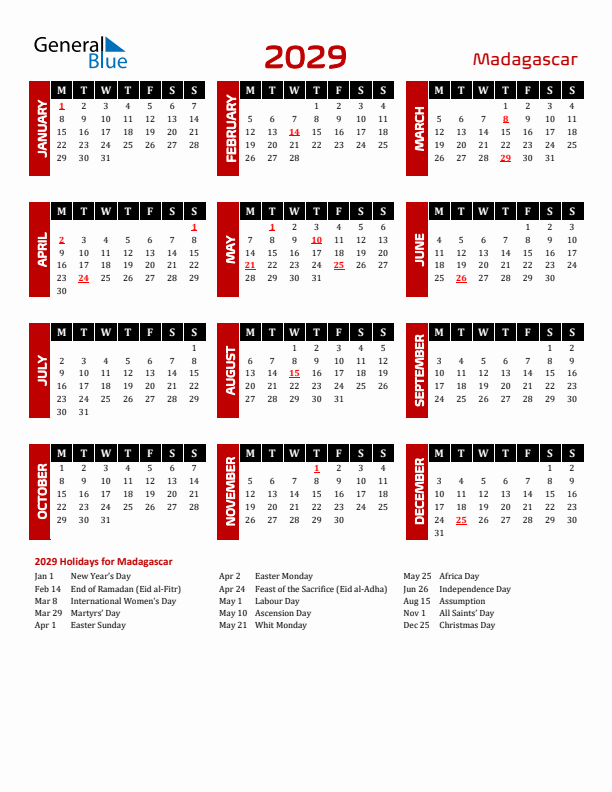 Download Madagascar 2029 Calendar - Monday Start