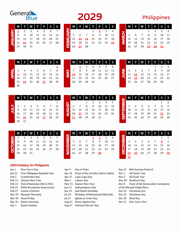 Download Philippines 2029 Calendar - Monday Start