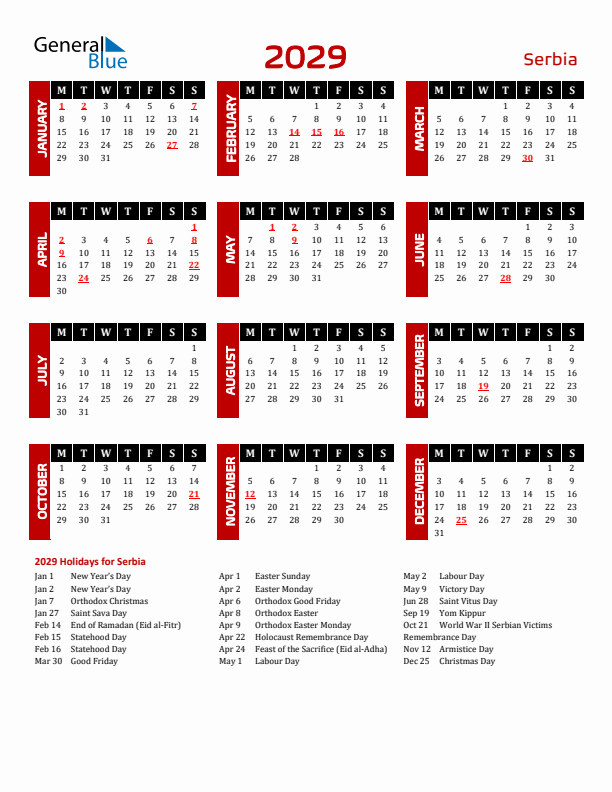 Download Serbia 2029 Calendar - Monday Start