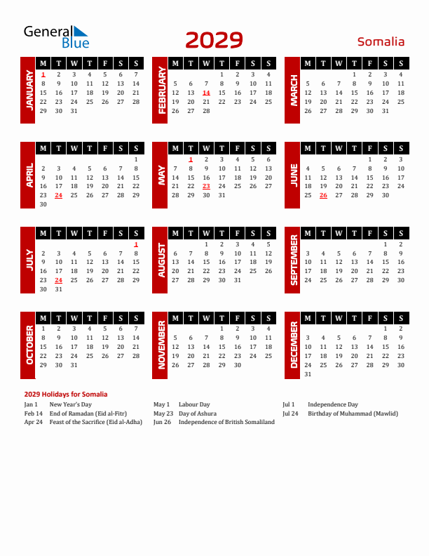 Download Somalia 2029 Calendar - Monday Start