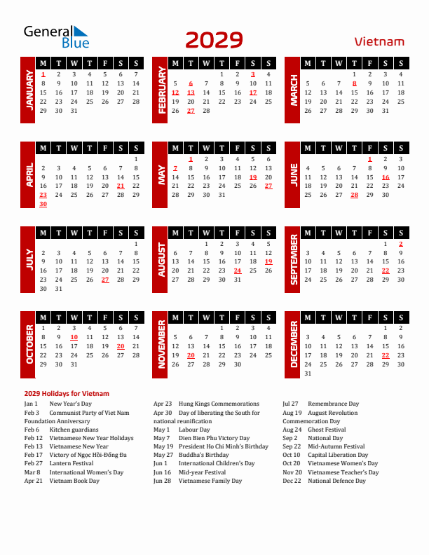 Download Vietnam 2029 Calendar - Monday Start