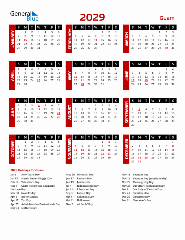 Download Guam 2029 Calendar - Sunday Start