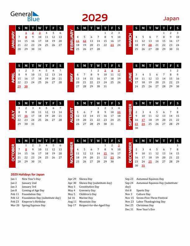 Download Japan 2029 Calendar - Sunday Start