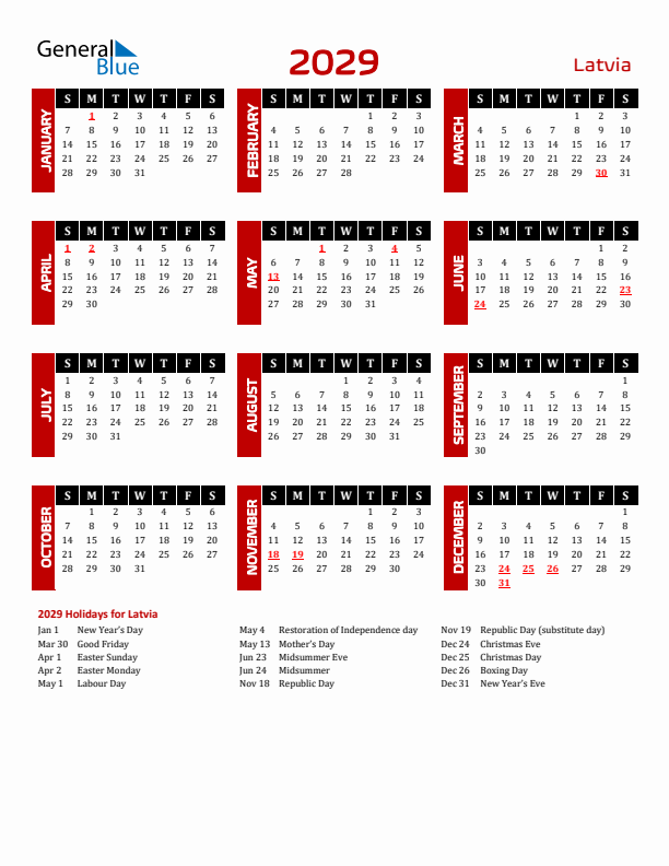 Download Latvia 2029 Calendar - Sunday Start
