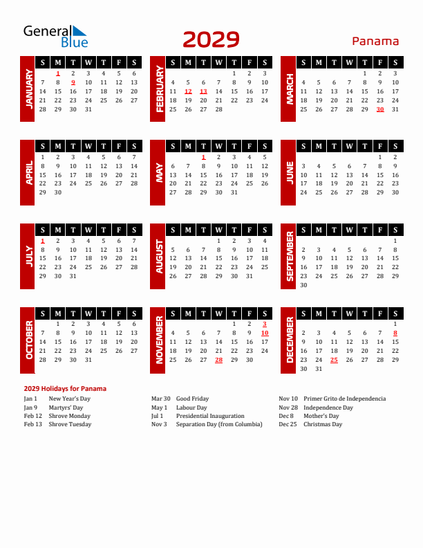 Download Panama 2029 Calendar - Sunday Start