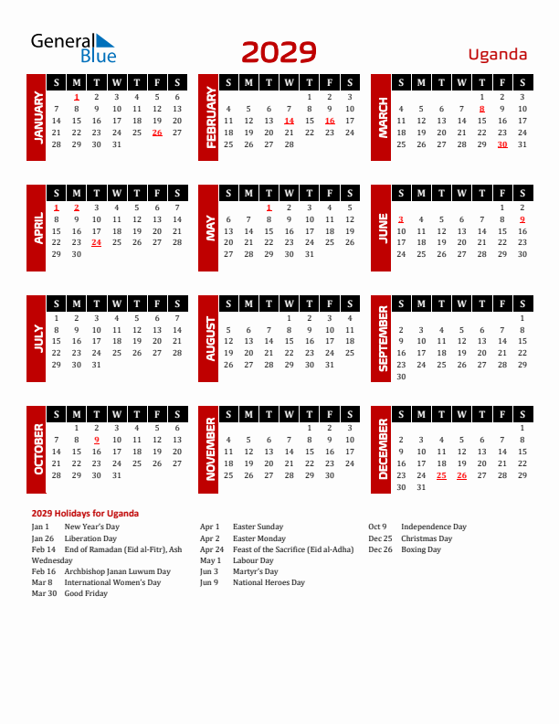 Download Uganda 2029 Calendar - Sunday Start