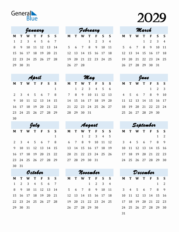 Calendar 2029 Free Download and Print