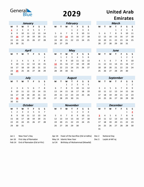 2029 Calendar for United Arab Emirates with Holidays