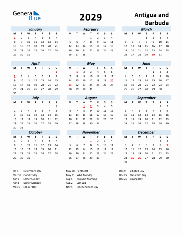 2029 Calendar for Antigua and Barbuda with Holidays