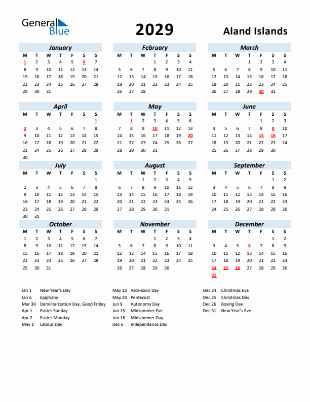 2029 Calendar for Aland Islands with Holidays