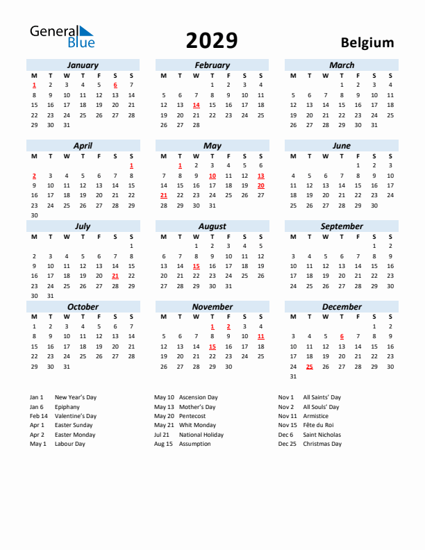 2029 Calendar for Belgium with Holidays