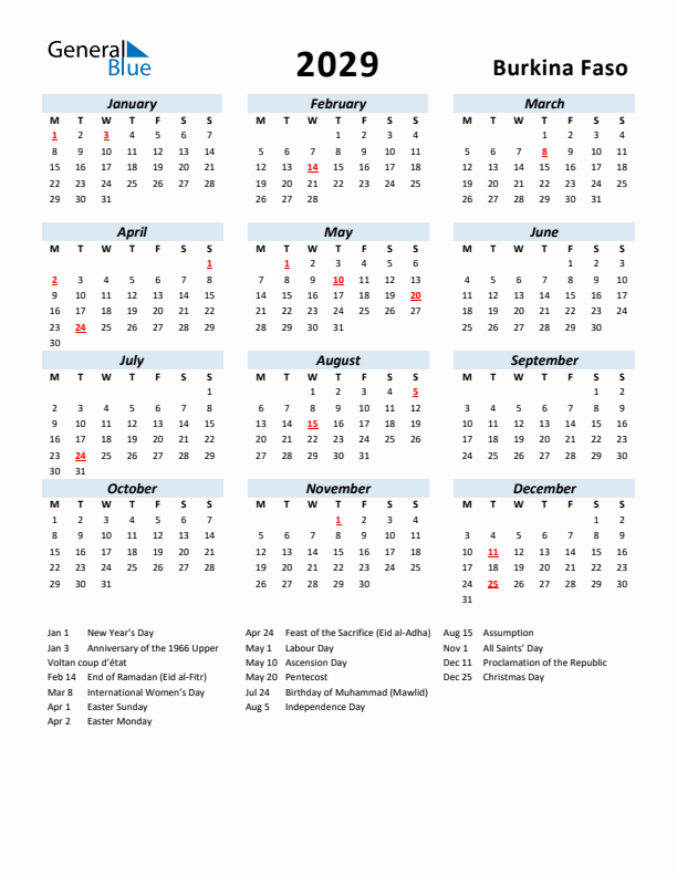 2029 Calendar for Burkina Faso with Holidays