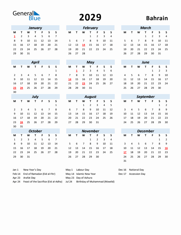 2029 Calendar for Bahrain with Holidays
