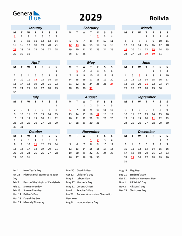2029 Calendar for Bolivia with Holidays