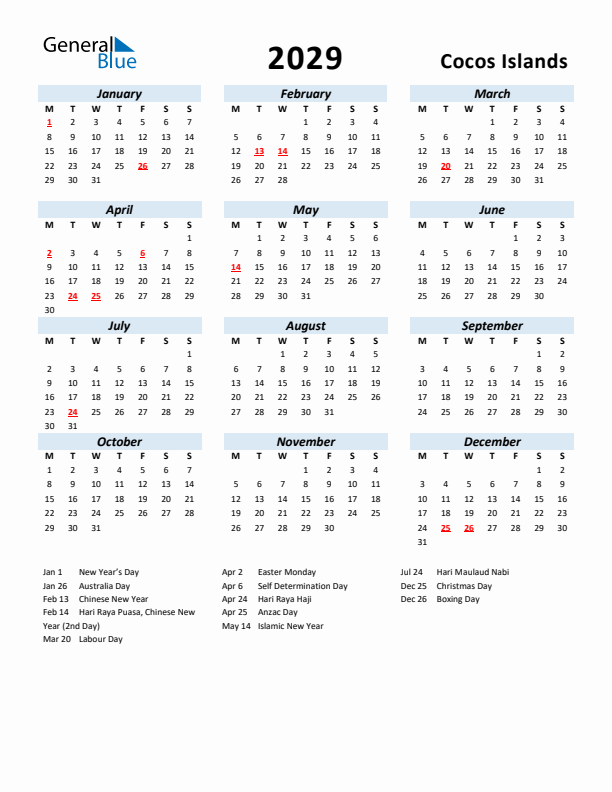 2029 Calendar for Cocos Islands with Holidays