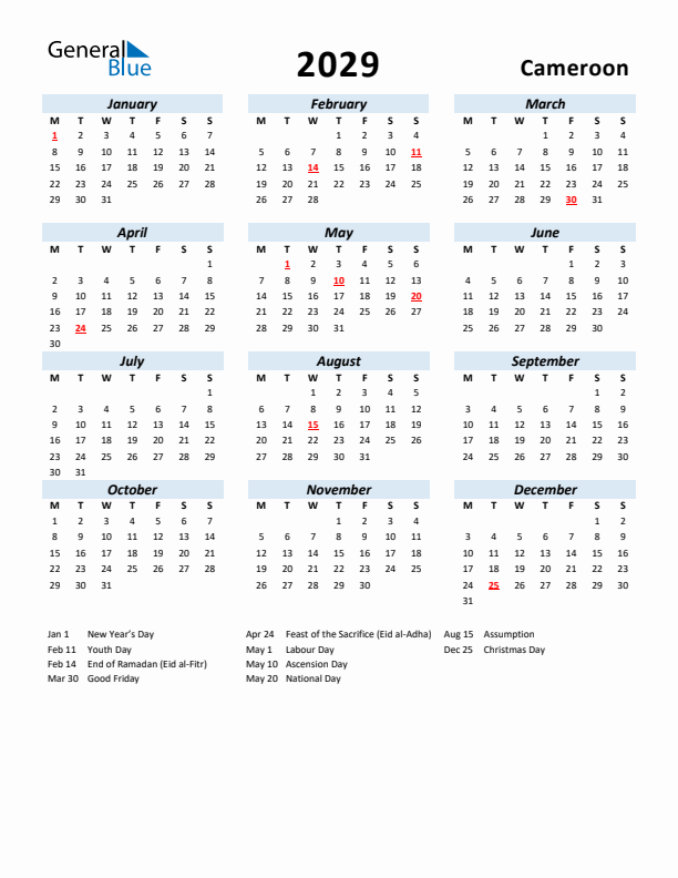 2029 Calendar for Cameroon with Holidays
