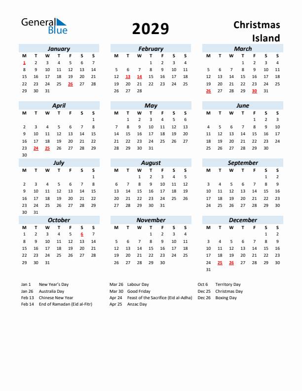 2029 Calendar for Christmas Island with Holidays