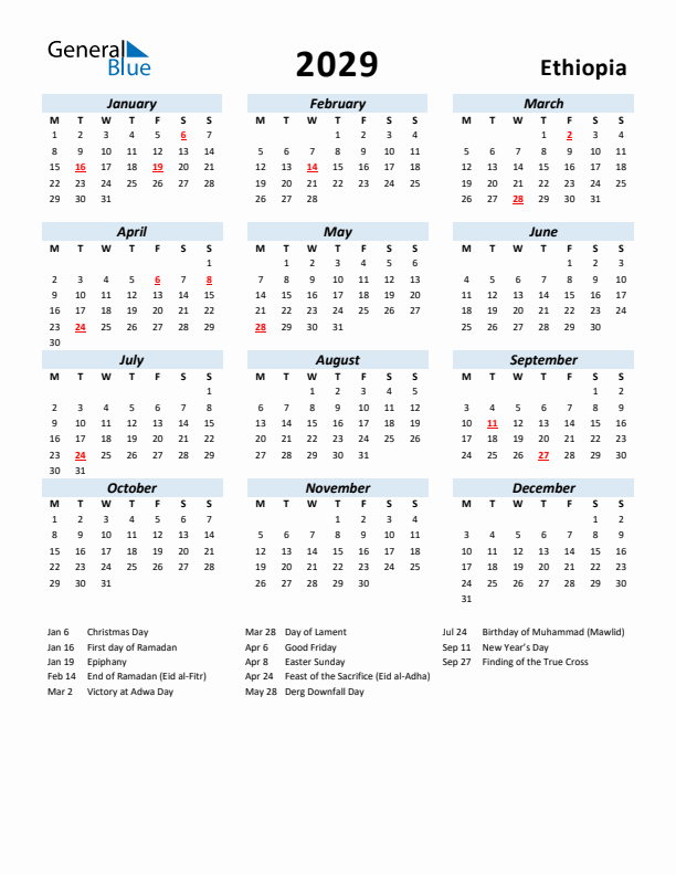 2029 Calendar for Ethiopia with Holidays