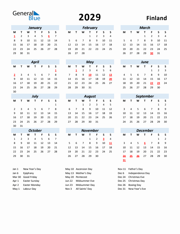 2029 Calendar for Finland with Holidays