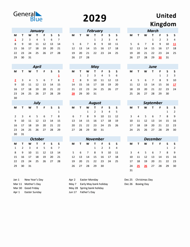 2029 Calendar for United Kingdom with Holidays