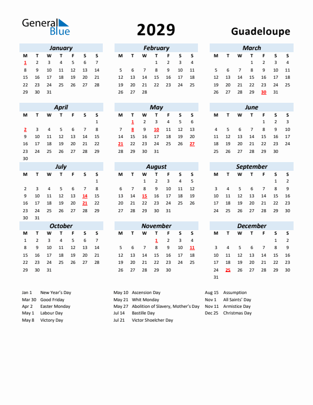 2029 Calendar for Guadeloupe with Holidays
