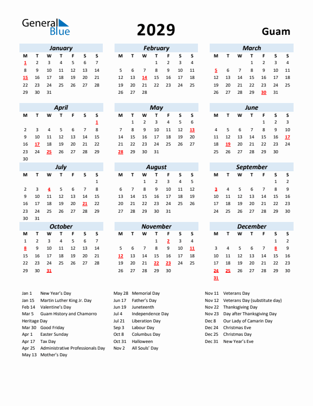 2029 Calendar for Guam with Holidays