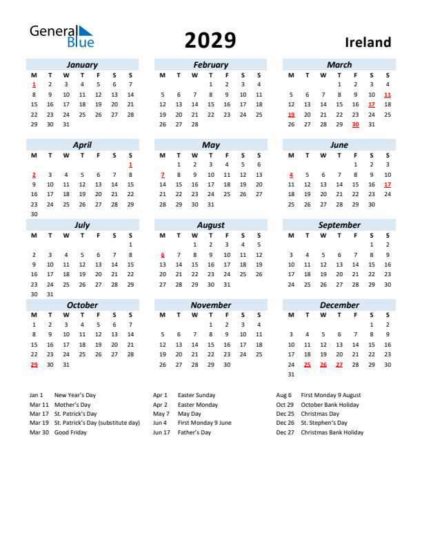 2029 Calendar for Ireland with Holidays