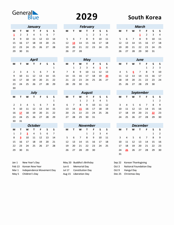 2029 Calendar for South Korea with Holidays