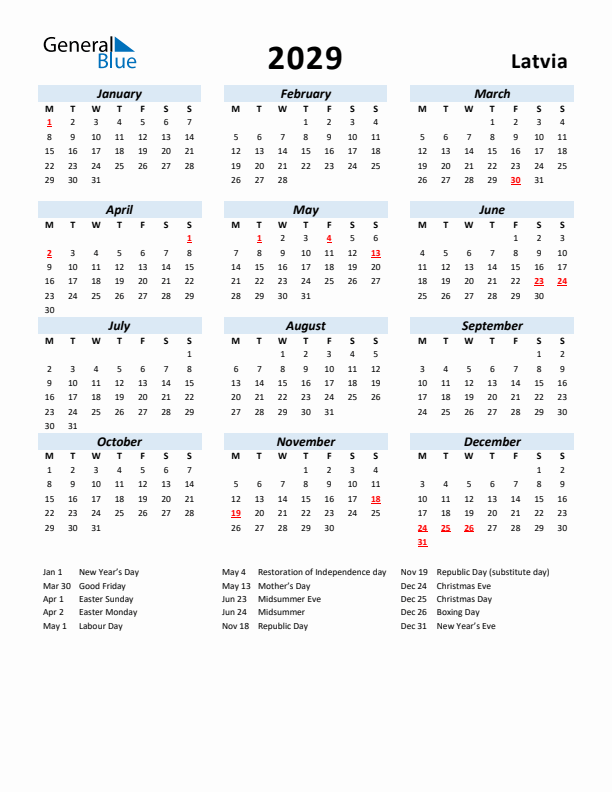 2029 Calendar for Latvia with Holidays