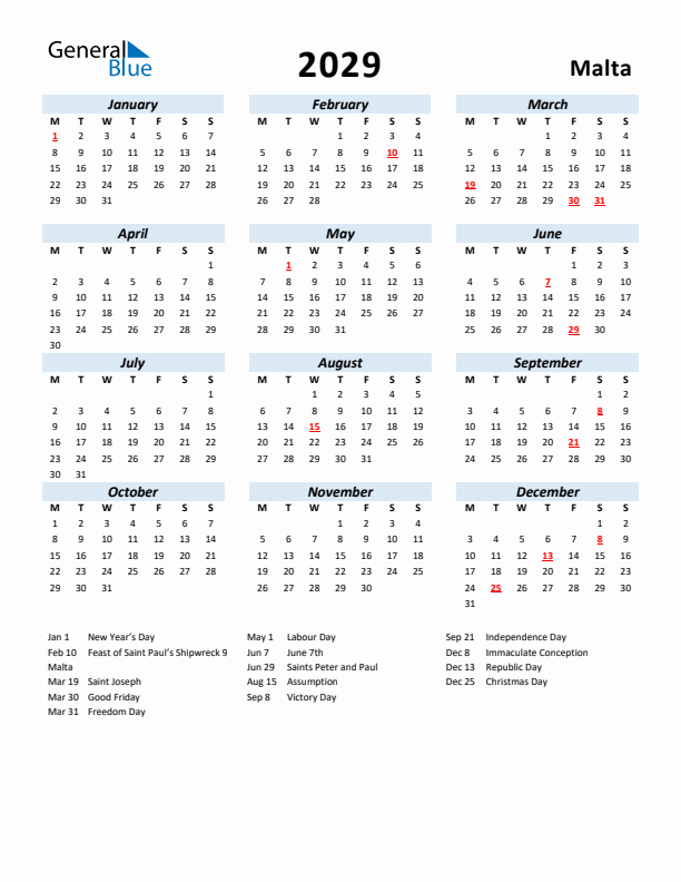2029 Calendar for Malta with Holidays