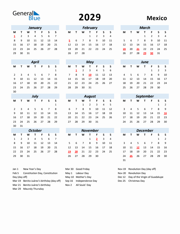 2029 Calendar for Mexico with Holidays