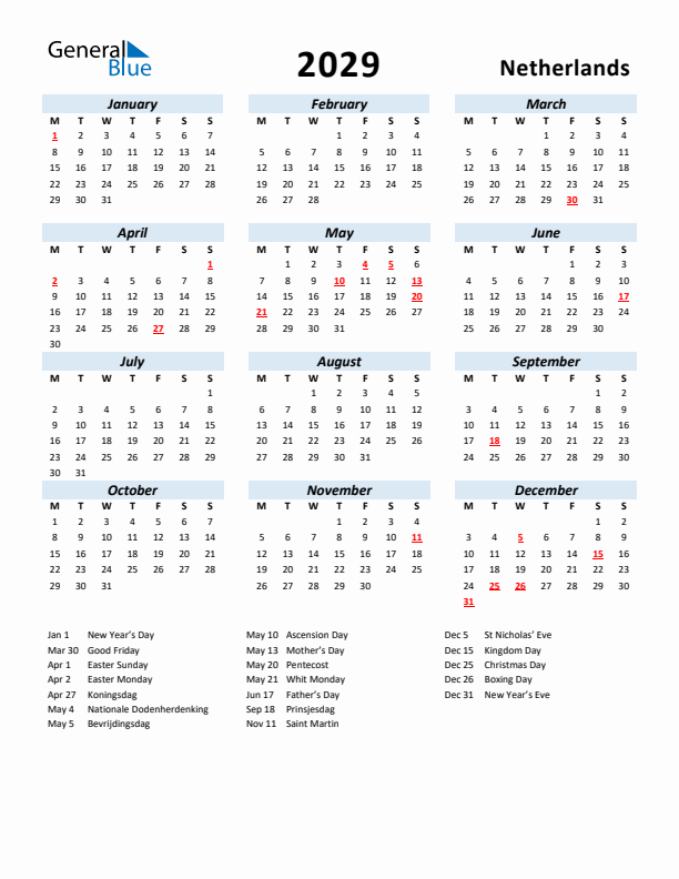 2029 Calendar for The Netherlands with Holidays