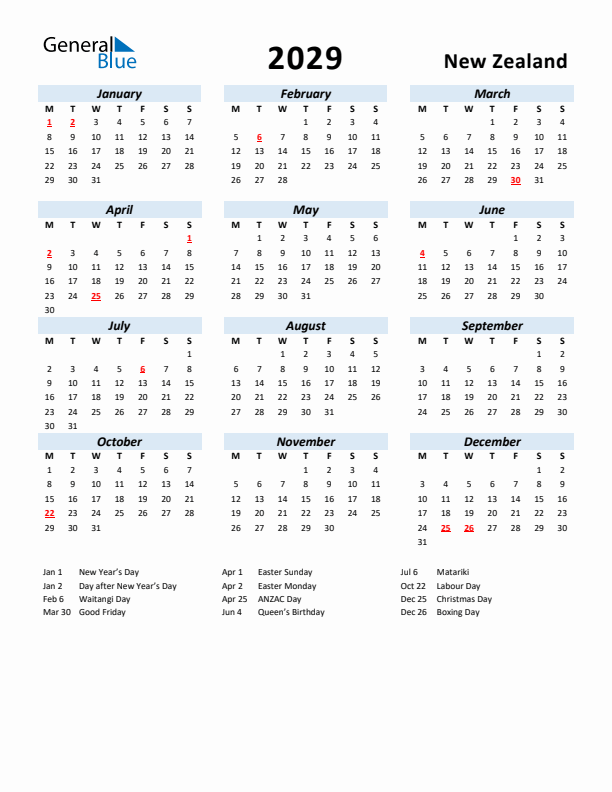 2029 Calendar for New Zealand with Holidays