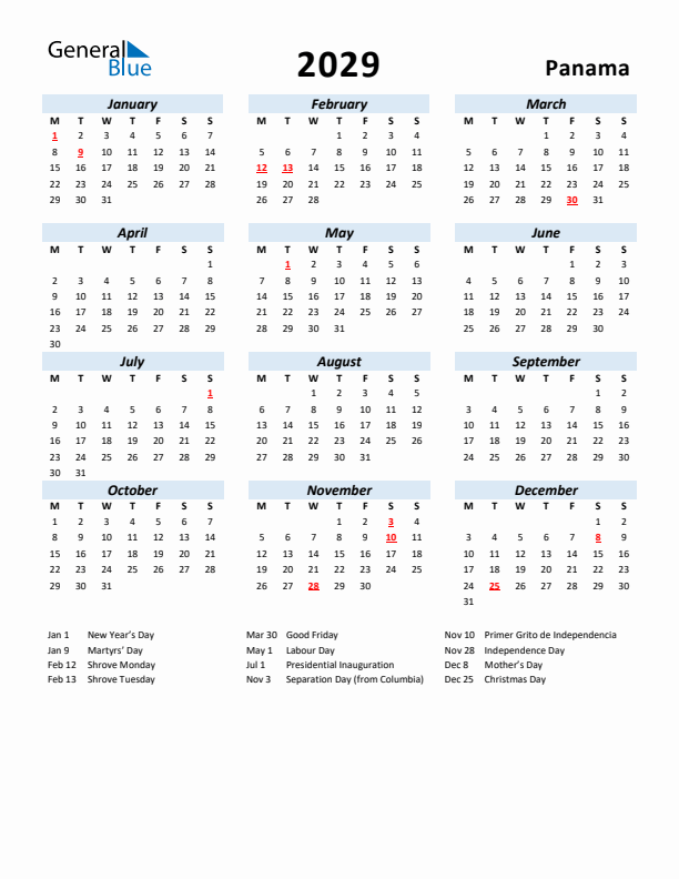 2029 Calendar for Panama with Holidays