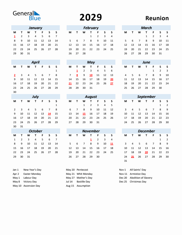 2029 Calendar for Reunion with Holidays