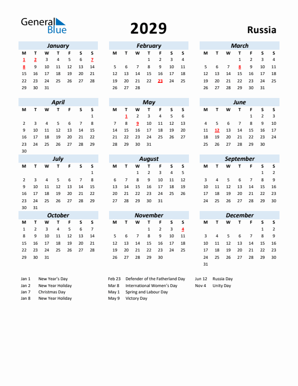 2029 Calendar for Russia with Holidays