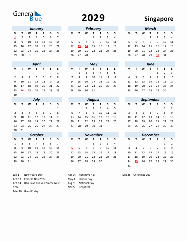 2029 Calendar for Singapore with Holidays