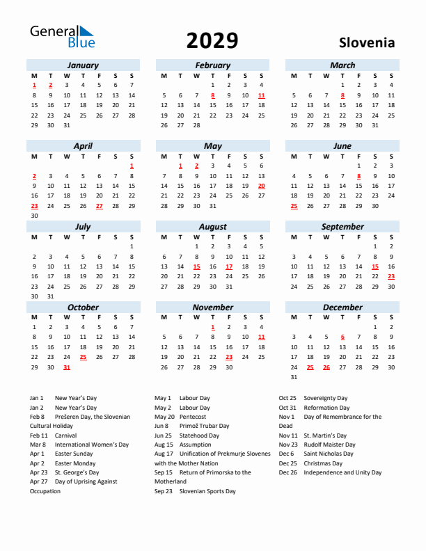 2029 Calendar for Slovenia with Holidays