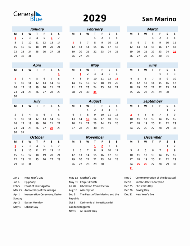 2029 Calendar for San Marino with Holidays