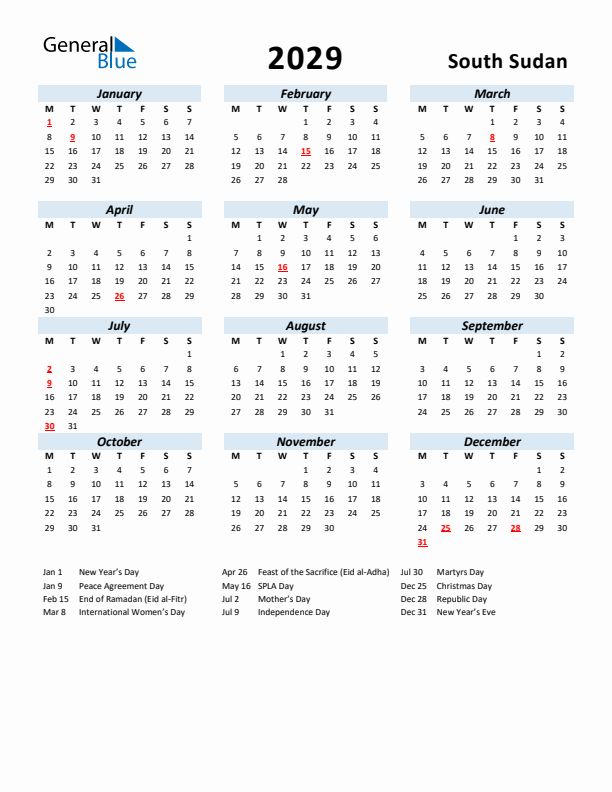 2029 Calendar for South Sudan with Holidays