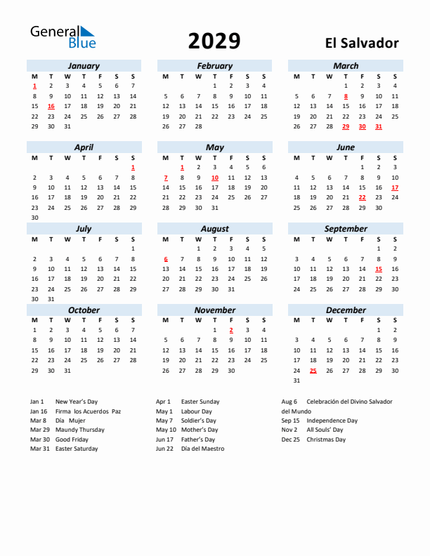 2029 Calendar for El Salvador with Holidays