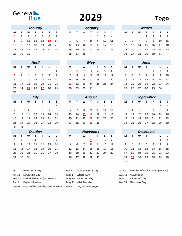 2029 Calendar for Togo with Holidays
