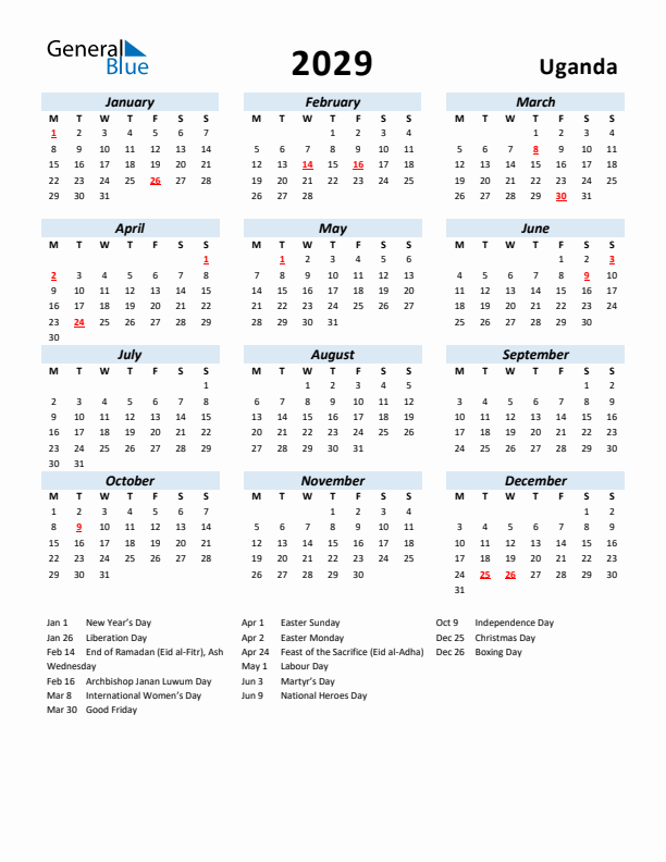 2029 Calendar for Uganda with Holidays