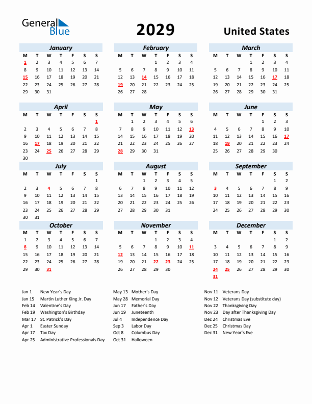 2029 Calendar for United States with Holidays