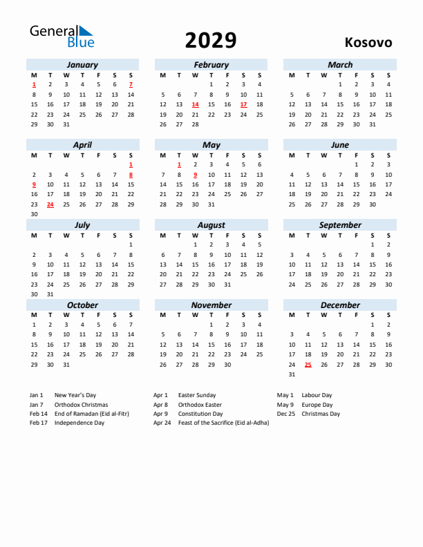 2029 Calendar for Kosovo with Holidays